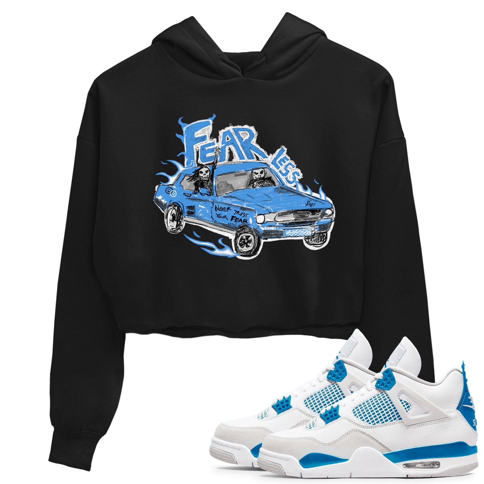 4s Military Blue shirt to match jordans Fearless Car sneaker tees Air Jordan 4 Military Blue SNRT Sneaker Release Tees Black 1 crop length shirt