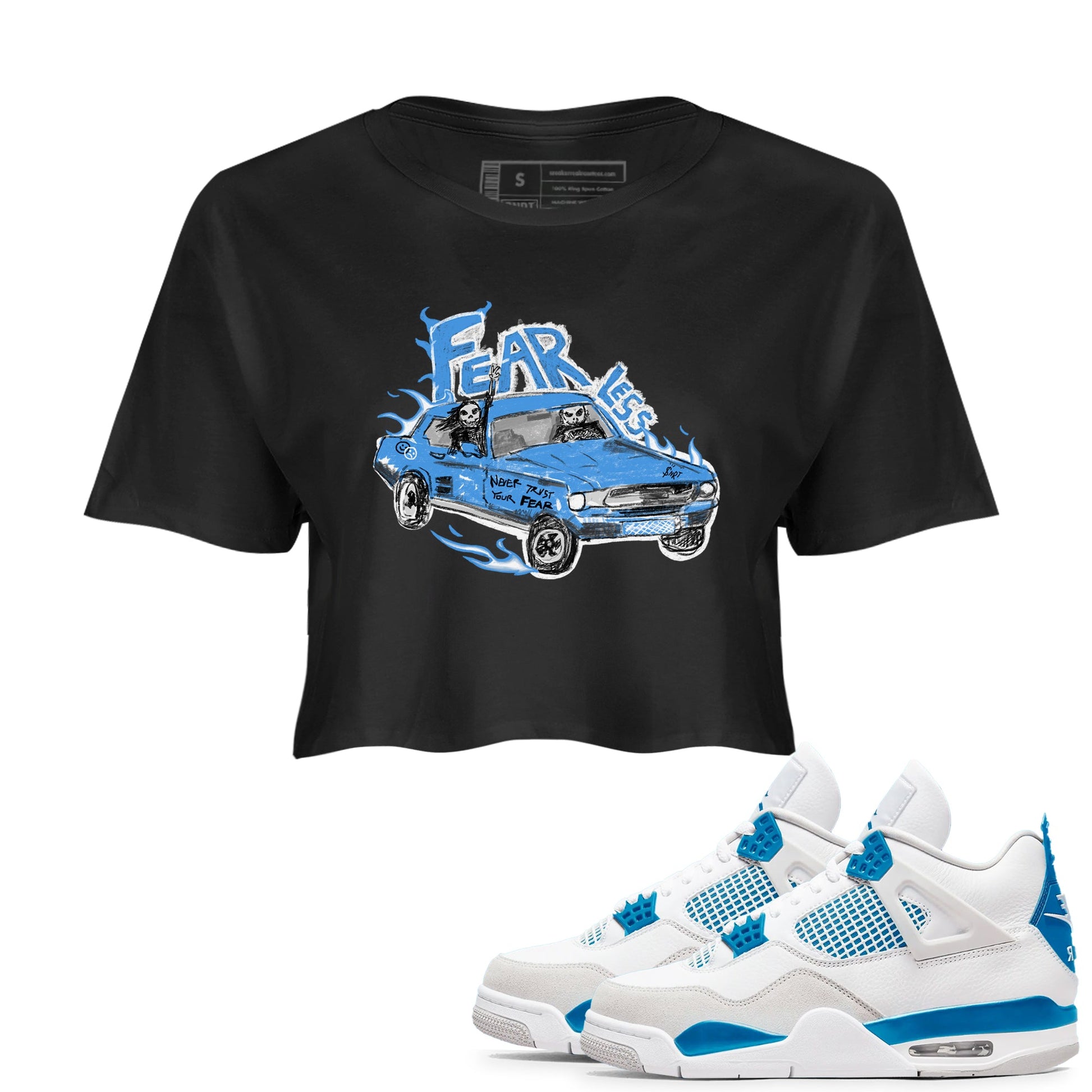 4s Military Blue shirt to match jordans Fearless Car sneaker tees Air Jordan 4 Military Blue SNRT Sneaker Release Tees Black 1 crop length shirt