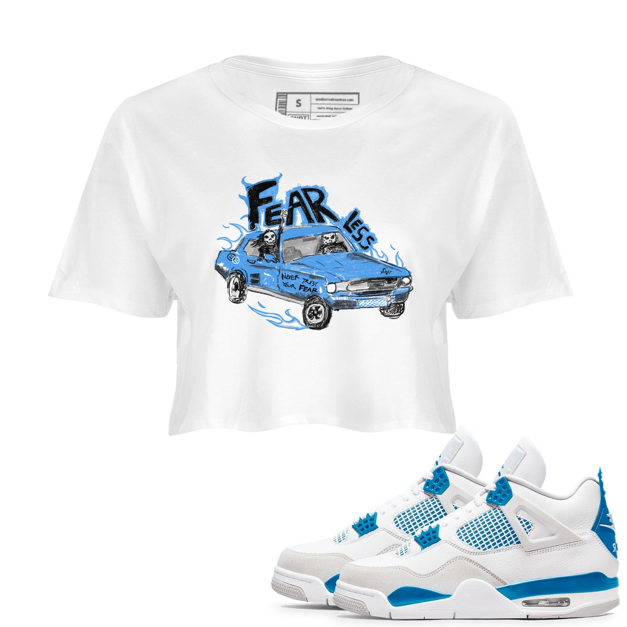 4s Military Blue shirt to match jordans Fearless Car sneaker tees Air Jordan 4 Military Blue SNRT Sneaker Release Tees White 1 crop length shirt