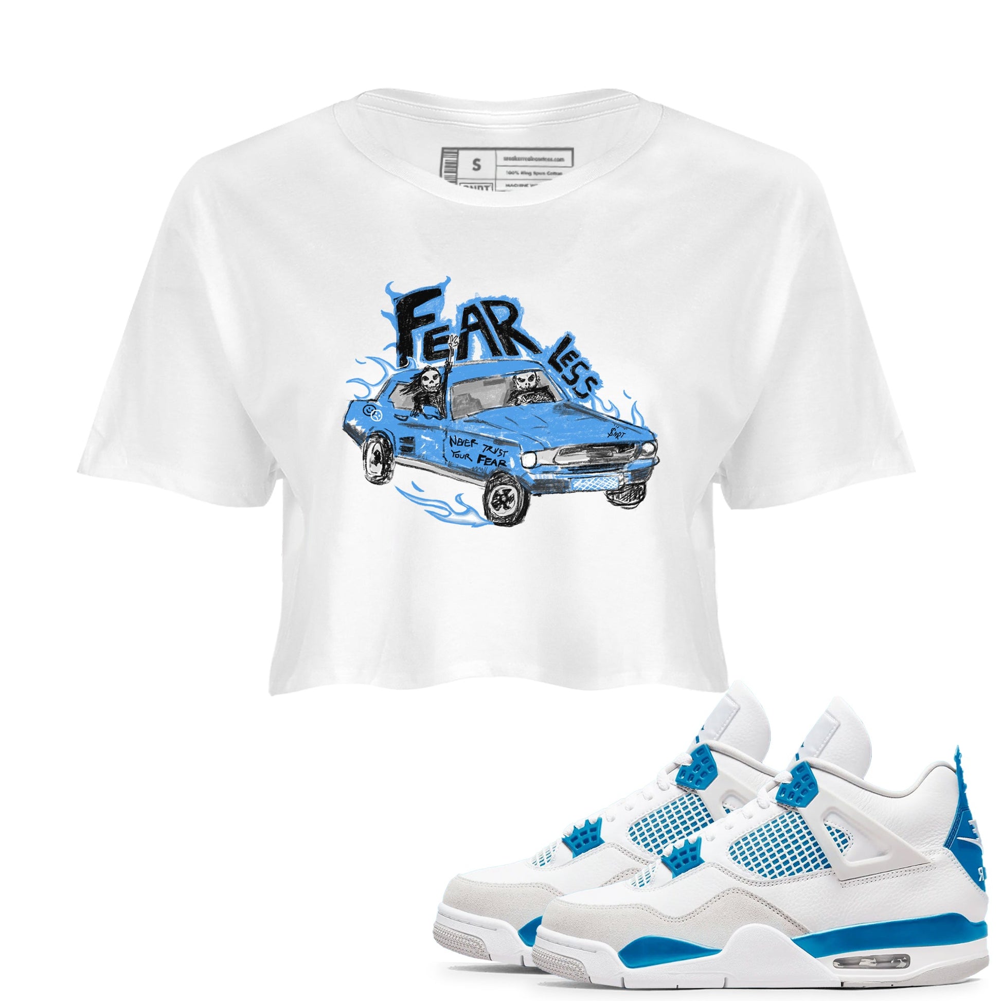 4s Military Blue shirt to match jordans Fearless Car sneaker tees Air Jordan 4 Military Blue SNRT Sneaker Release Tees White 1 crop length shirt