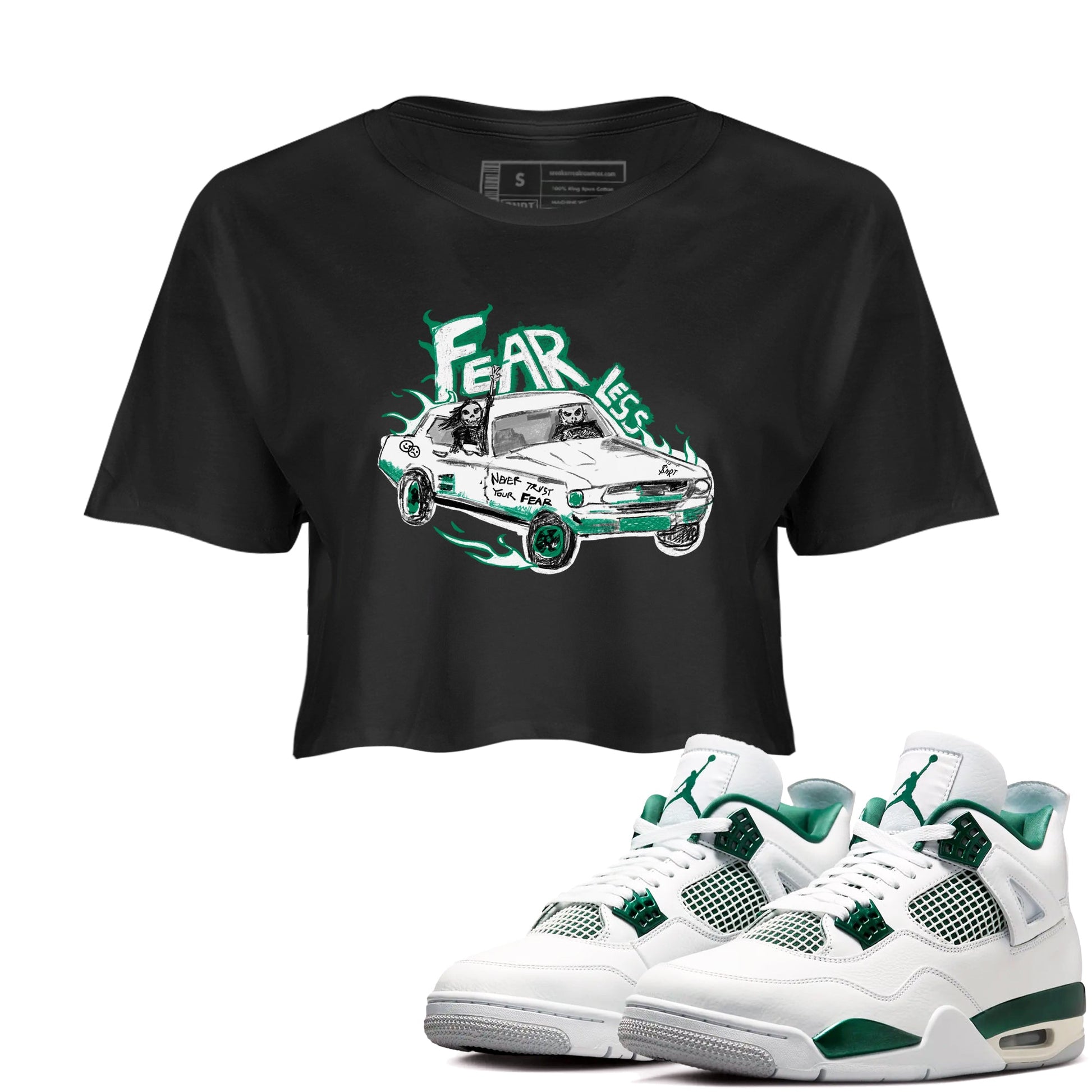 4s Oxidized Green shirts to match jordans Fearless Car sneaker match tees Air Jordan 4 Oxidized Green SNRT Sneaker Tees streetwear brand Black 1 crop tee