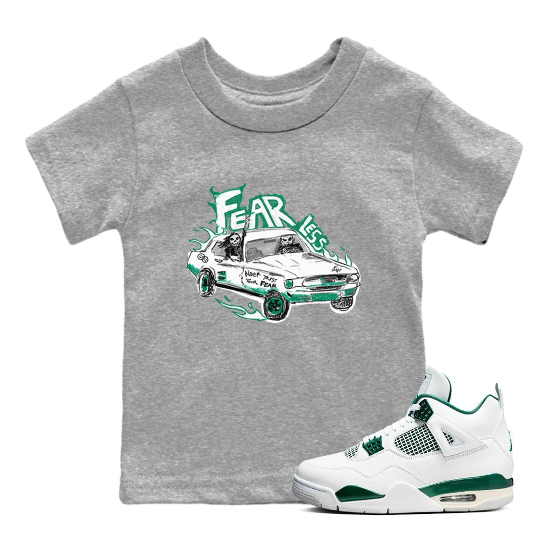 4s Oxidized Green shirts to match jordans Fearless Car sneaker match tees Air Jordan 4 Oxidized Green SNRT Sneaker Tees streetwear brand Baby and Youth Heather Grey 1 cotton tee