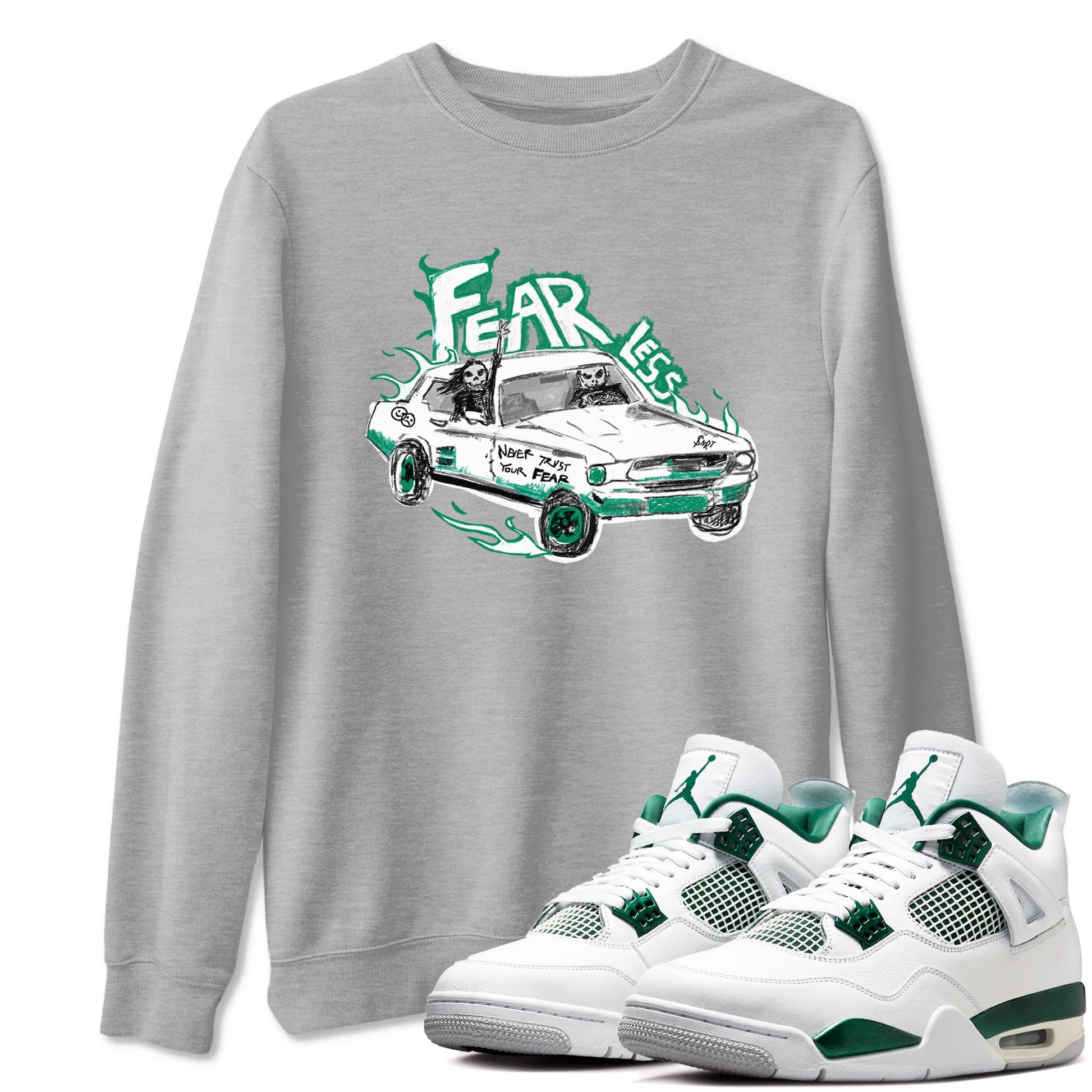 4s Oxidized Green shirts to match jordans Fearless Car sneaker match tees Air Jordan 4 Oxidized Green SNRT Sneaker Tees streetwear brand Heather Grey 1 unisex cotton tee