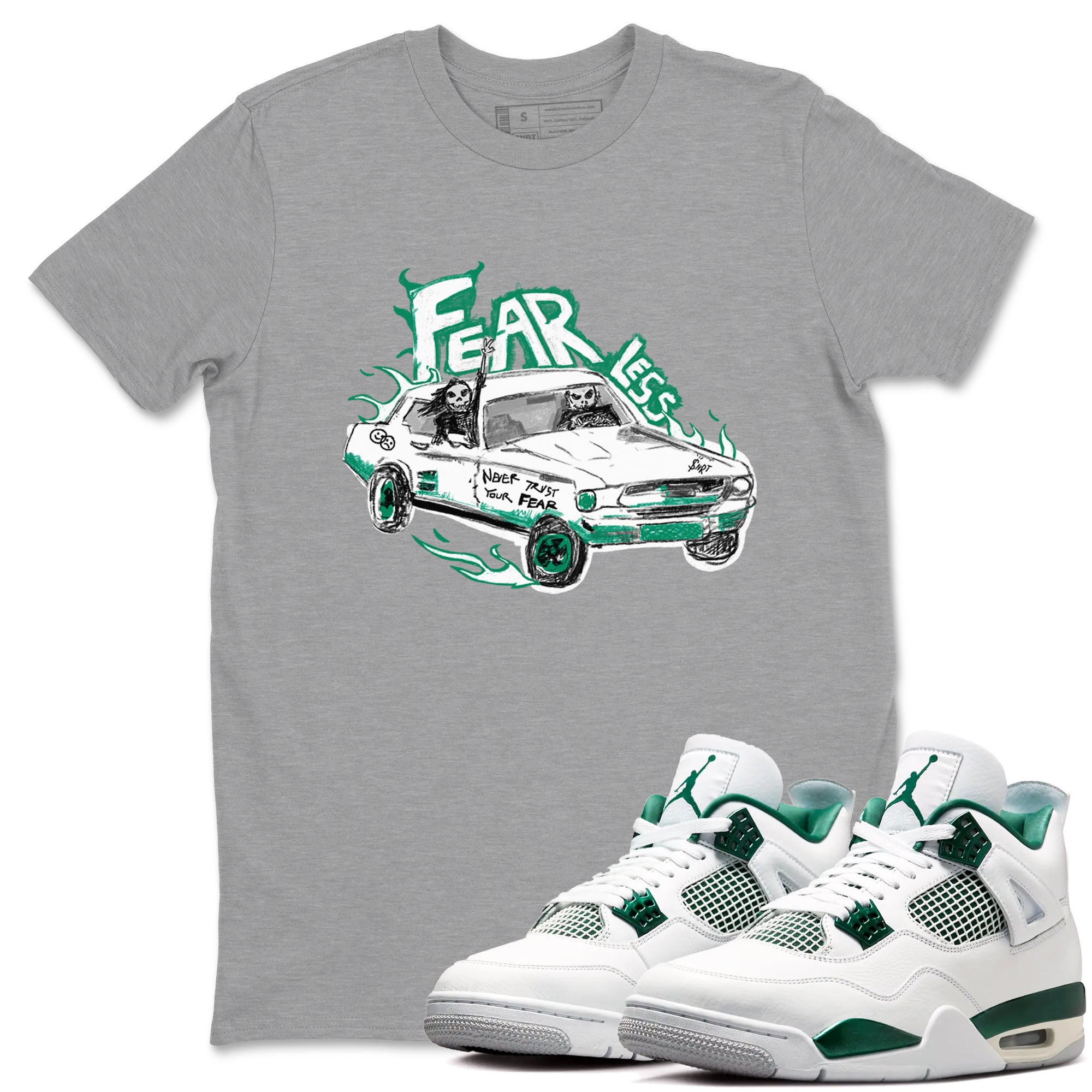 4s Oxidized Green shirts to match jordans Fearless Car sneaker match tees Air Jordan 4 Oxidized Green SNRT Sneaker Tees streetwear brand Heather Grey 1 unisex cotton tee