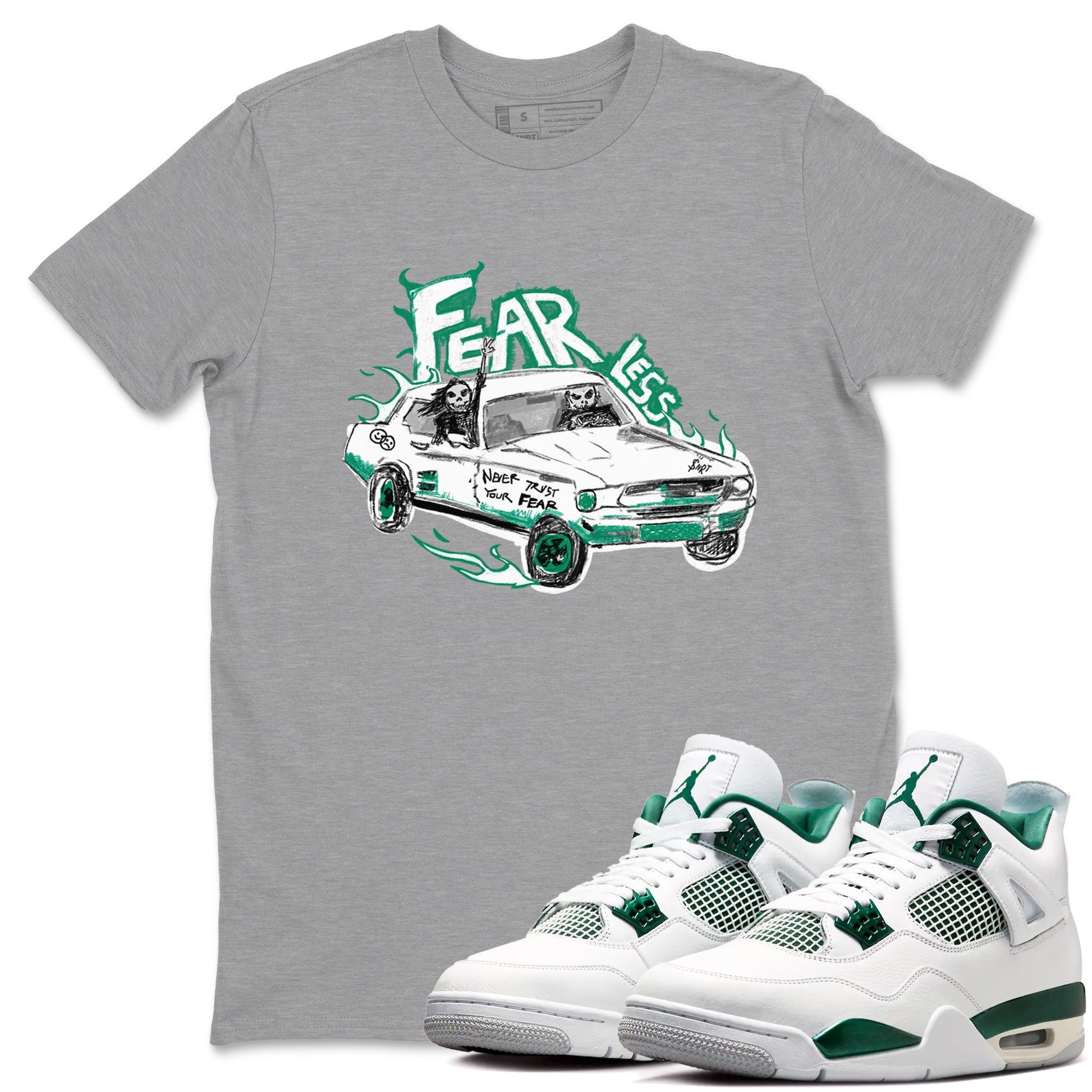 4s Oxidized Green shirts to match jordans Fearless Car sneaker match tees Air Jordan 4 Oxidized Green SNRT Sneaker Tees streetwear brand Heather Grey 1 unisex cotton tee