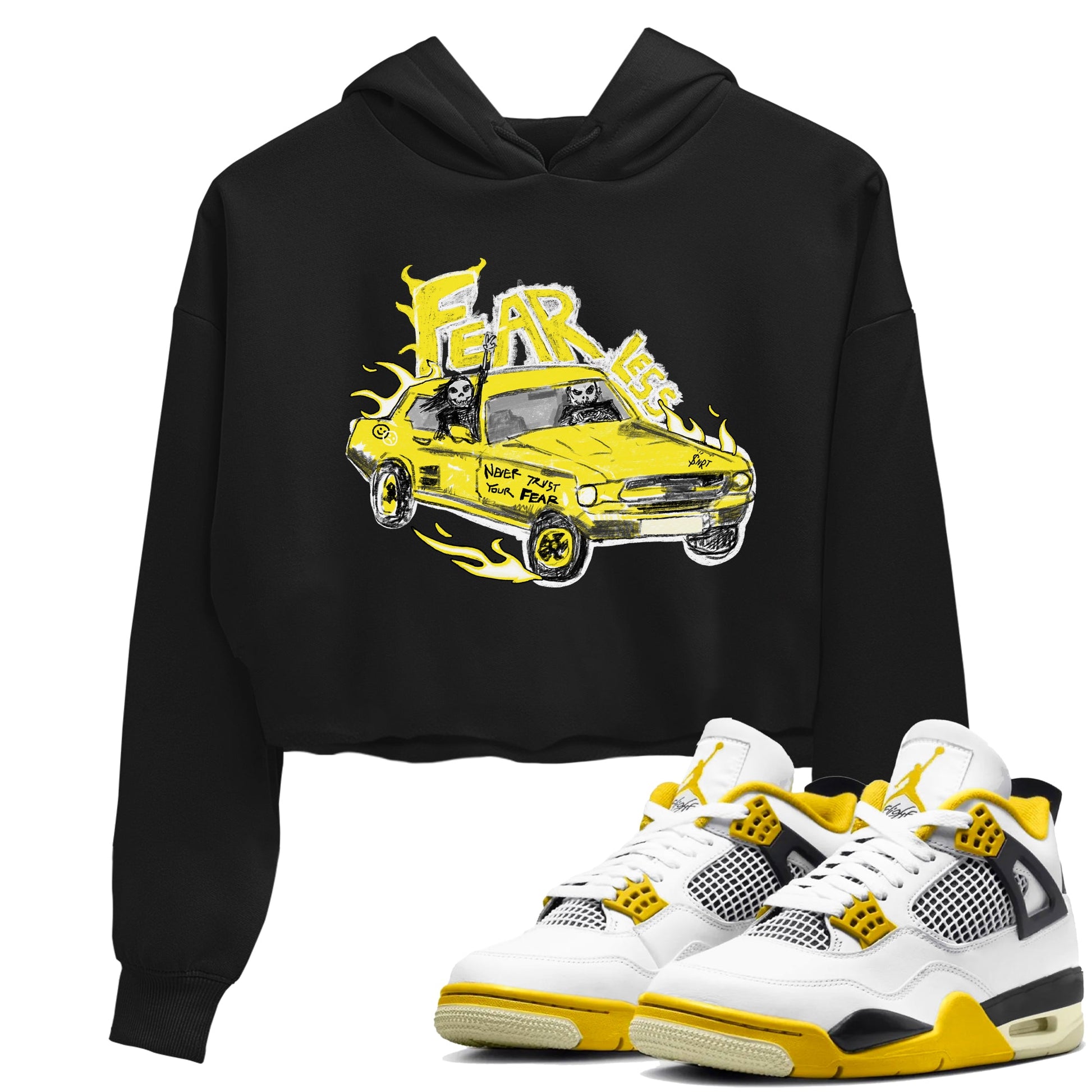 AJ4 Vivid Sulfur shirt to match jordans Fearless Car sneaker tees Air Jordan 4 Vivid Sulfur SNRT Sneaker Release Tees Black 1 crop length shirt