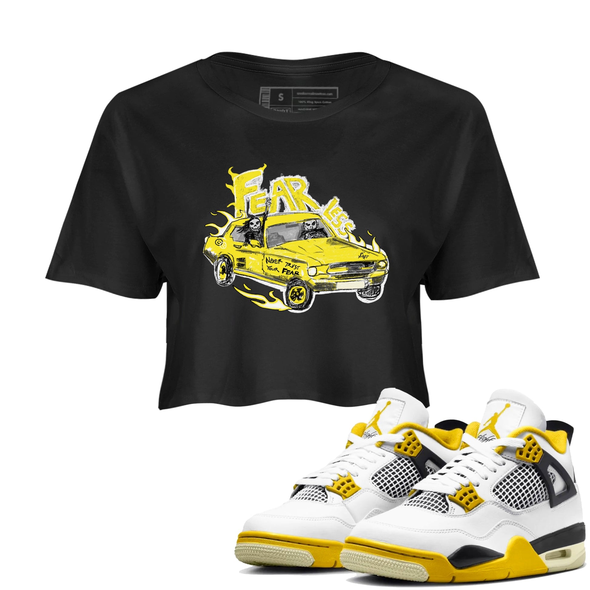 AJ4 Vivid Sulfur shirt to match jordans Fearless Car sneaker tees Air Jordan 4 Vivid Sulfur SNRT Sneaker Release Tees Black 1 crop length shirt