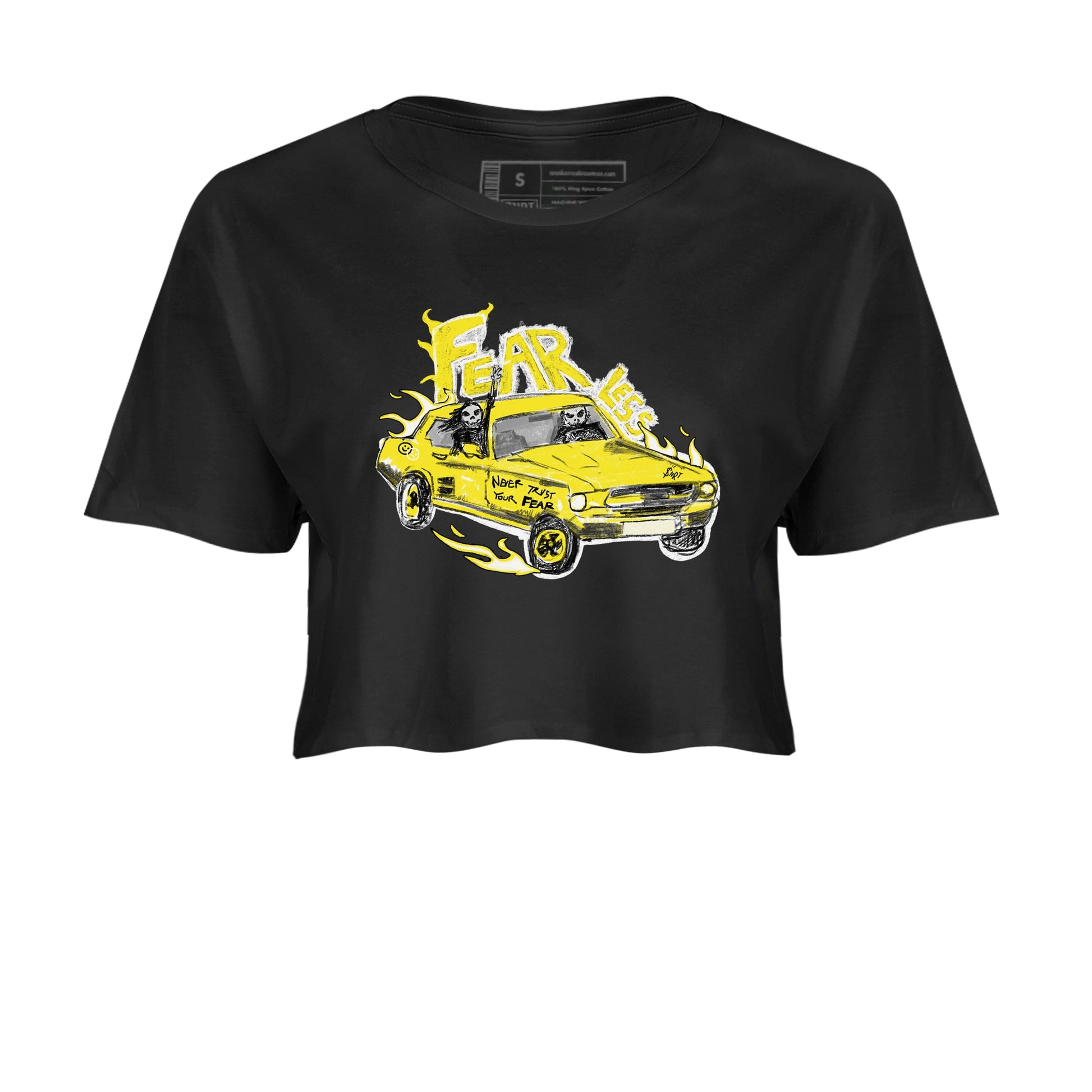 AJ4 Vivid Sulfur shirt to match jordans Fearless Car sneaker tees Air Jordan 4 Vivid Sulfur SNRT Sneaker Release Tees Black 2 crop length shirt