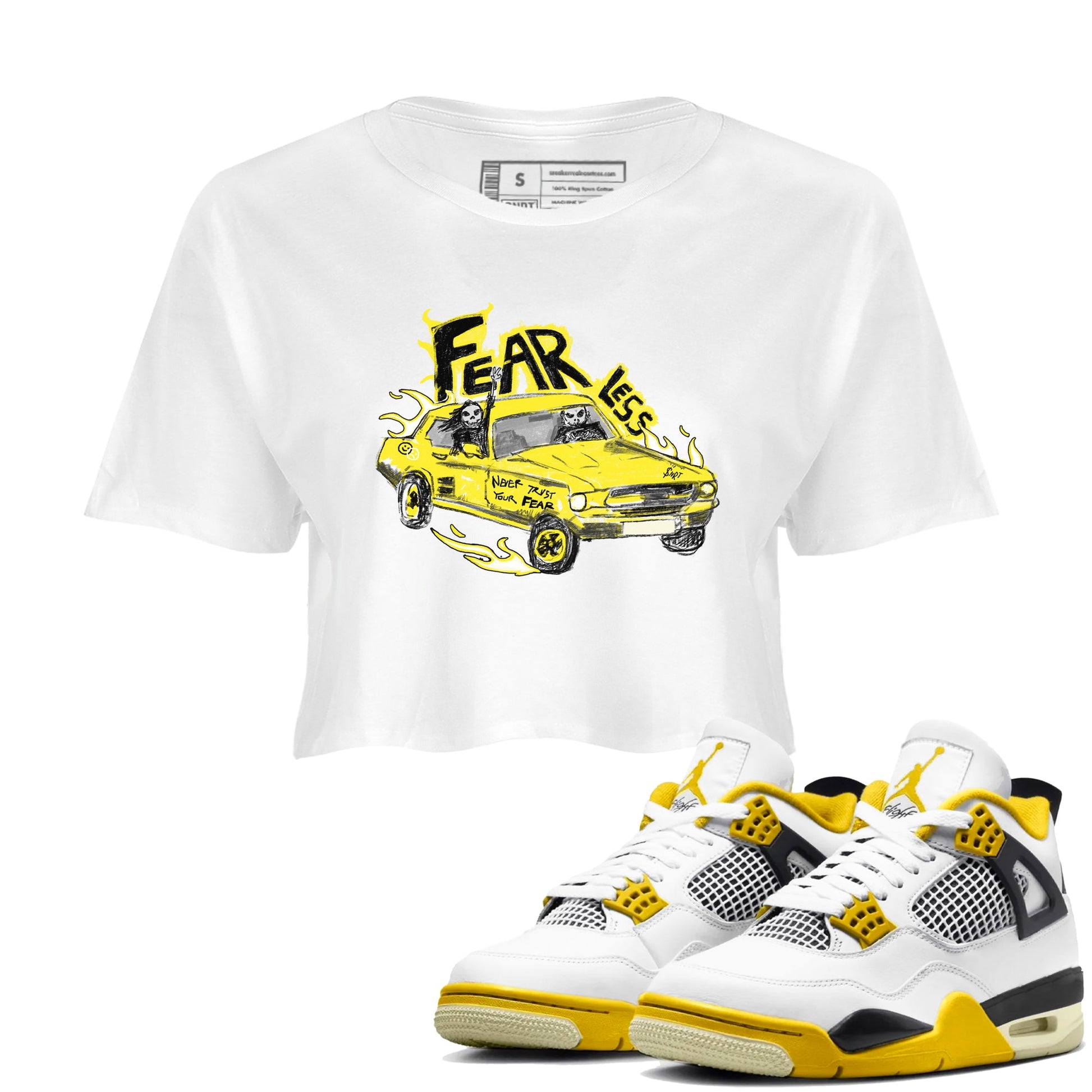 AJ4 Vivid Sulfur shirt to match jordans Fearless Car sneaker tees Air Jordan 4 Vivid Sulfur SNRT Sneaker Release Tees White 1 crop length shirt
