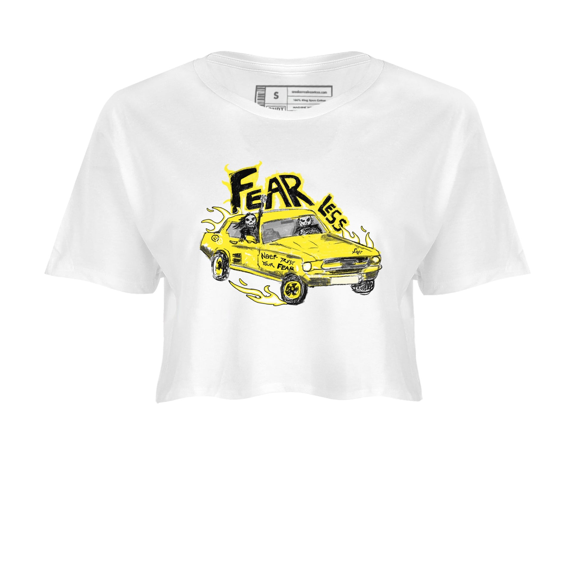 AJ4 Vivid Sulfur shirt to match jordans Fearless Car sneaker tees Air Jordan 4 Vivid Sulfur SNRT Sneaker Release Tees White 2 crop length shirt