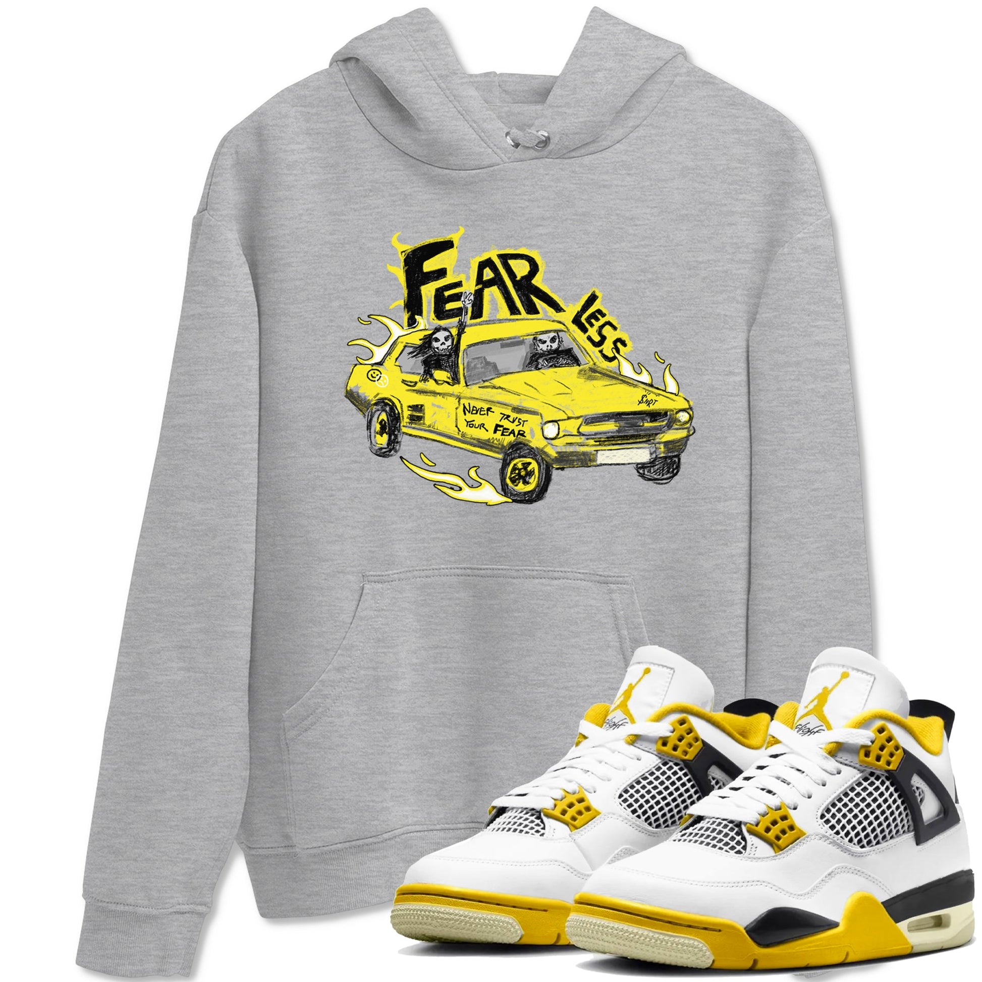 AJ4 Vivid Sulfur shirt to match jordans Fearless Car sneaker tees Air Jordan 4 Vivid Sulfur SNRT Sneaker Release Tees unisex cotton Heather Grey 1 crew neck shirt
