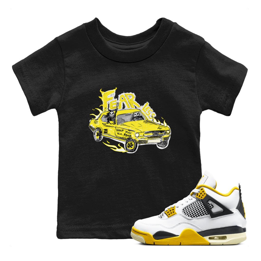 AJ4 Vivid Sulfur shirt to match jordans Fearless Car sneaker tees Air Jordan 4 Vivid Sulfur SNRT sneaker release tees baby toddler Black 1 cotton Shirt