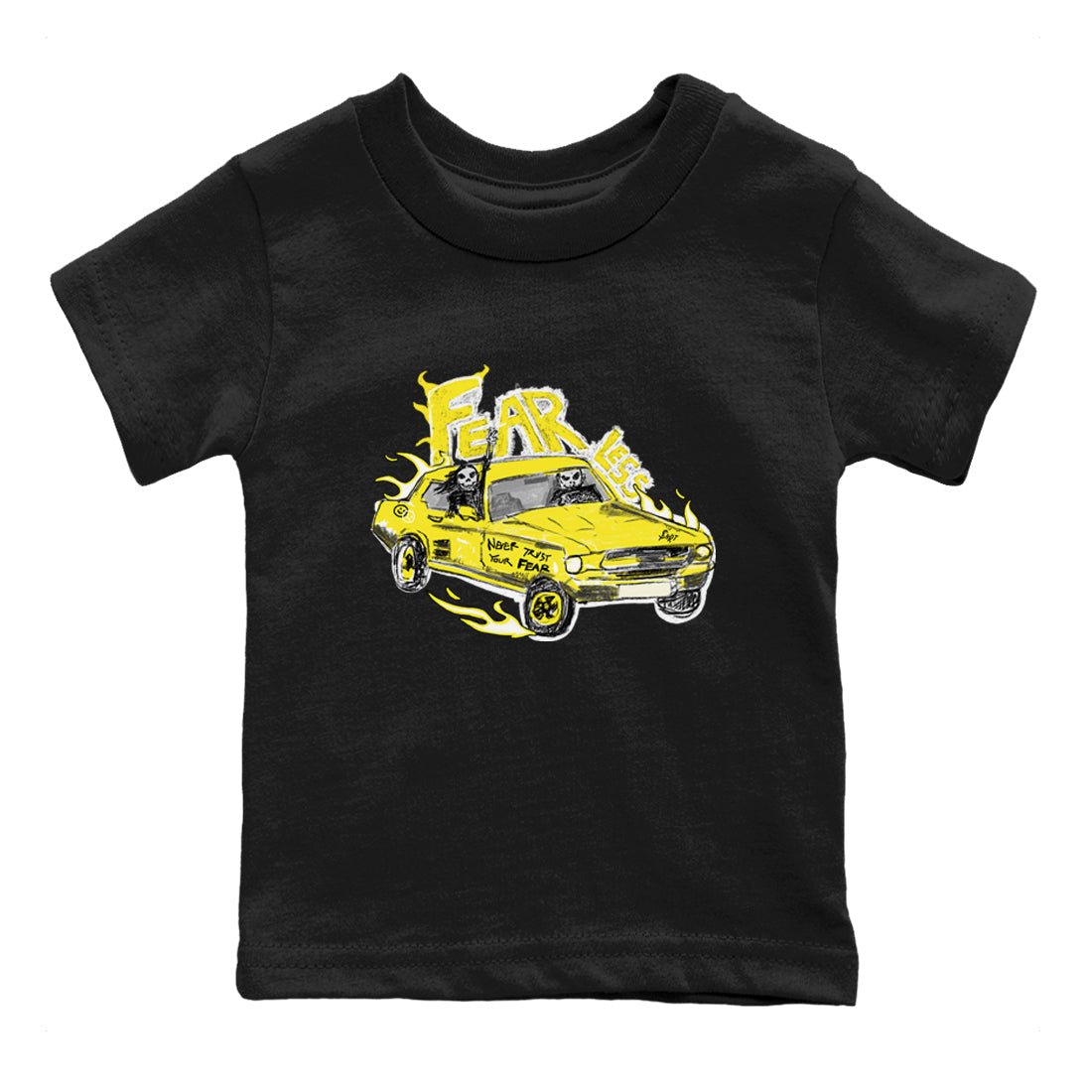 AJ4 Vivid Sulfur shirt to match jordans Fearless Car sneaker tees Air Jordan 4 Vivid Sulfur SNRT sneaker release tees baby toddler Black 2 cotton Shirt