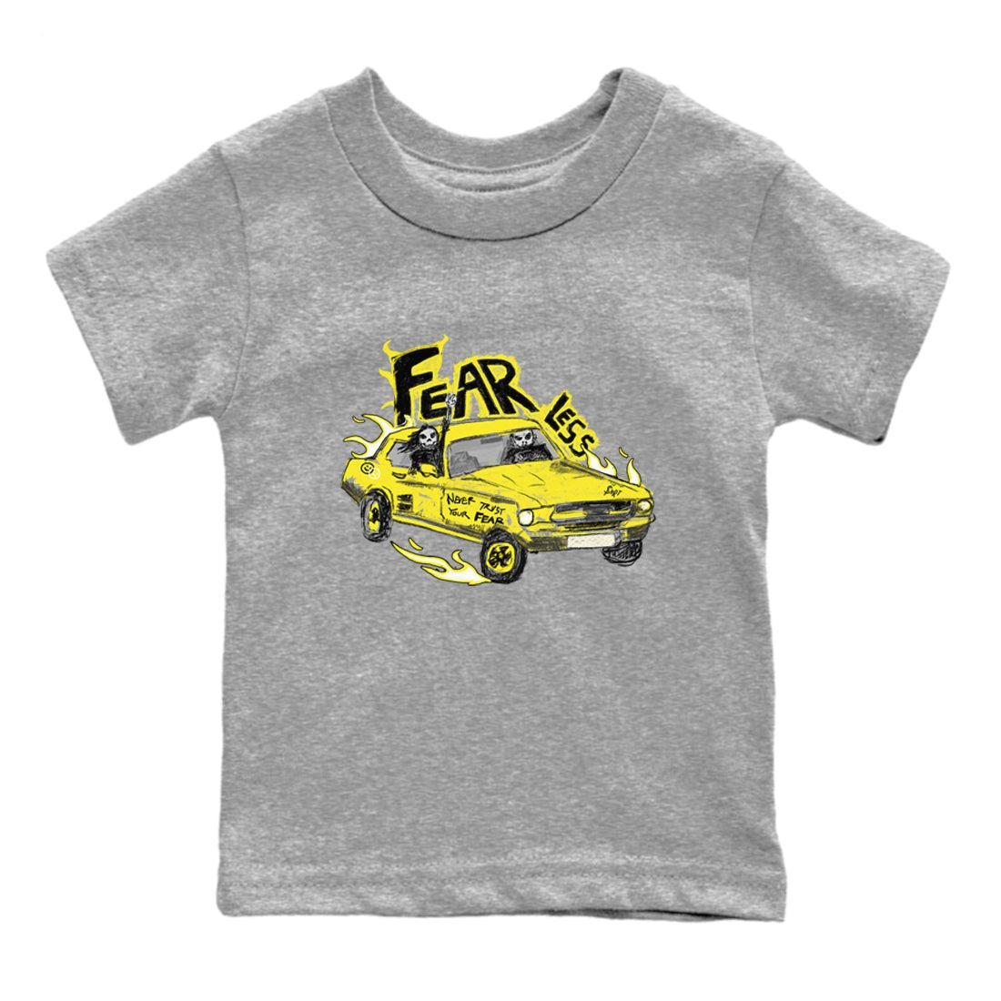 AJ4 Vivid Sulfur shirt to match jordans Fearless Car sneaker tees Air Jordan 4 Vivid Sulfur SNRT sneaker release tees baby toddler Heather Grey 2 cotton Shirt