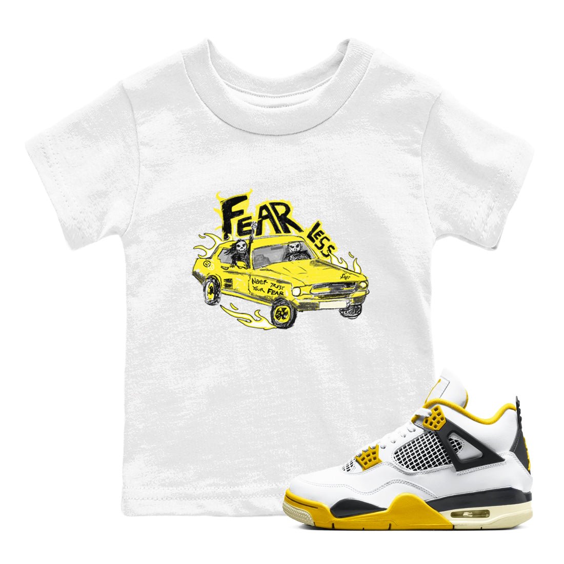 AJ4 Vivid Sulfur shirt to match jordans Fearless Car sneaker tees Air Jordan 4 Vivid Sulfur SNRT sneaker release tees baby toddler White 1 cotton Shirt