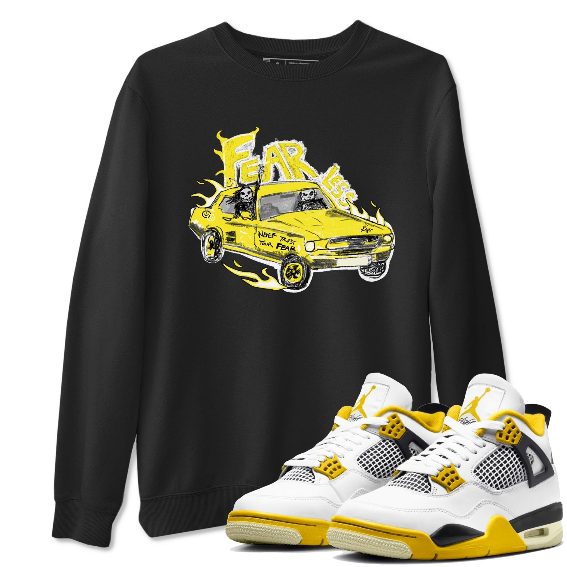 AJ4 Vivid Sulfur shirt to match jordans Fearless Car sneaker tees Air Jordan 4 Vivid Sulfur SNRT Sneaker Release Tees unisex cotton Black 1 crew neck shirt