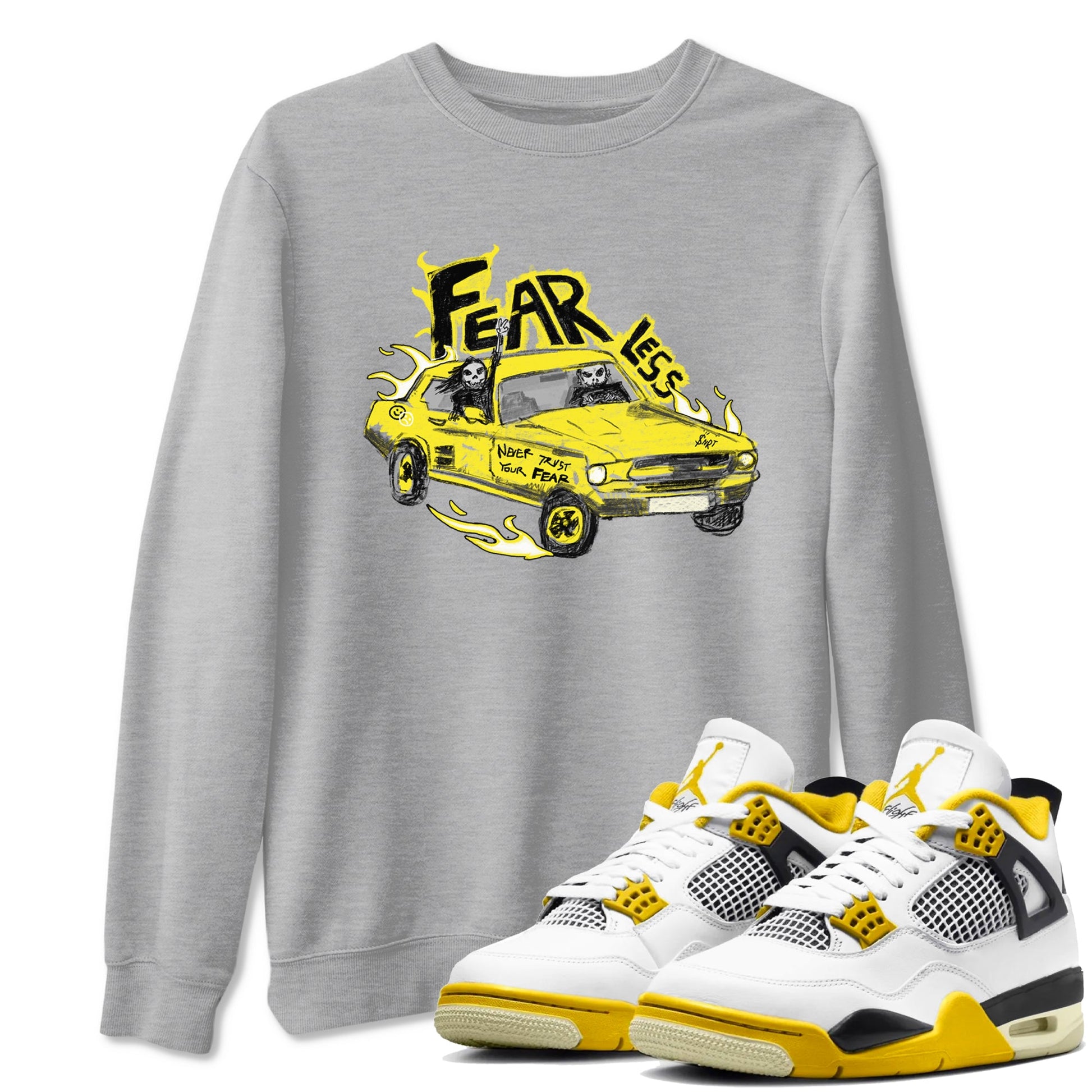AJ4 Vivid Sulfur shirt to match jordans Fearless Car sneaker tees Air Jordan 4 Vivid Sulfur SNRT Sneaker Release Tees unisex cotton Heather Grey 1 crew neck shirt
