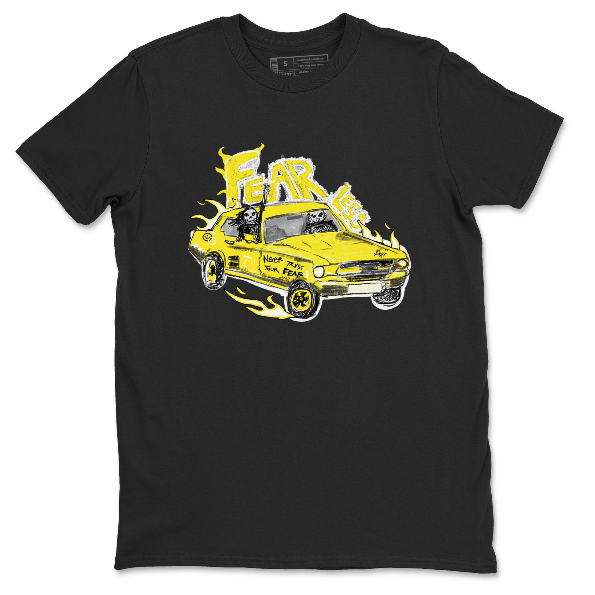 AJ4 Vivid Sulfur shirt to match jordans Fearless Car sneaker tees Air Jordan 4 Vivid Sulfur SNRT Sneaker Release Tees unisex cotton Black 2 crew neck shirt