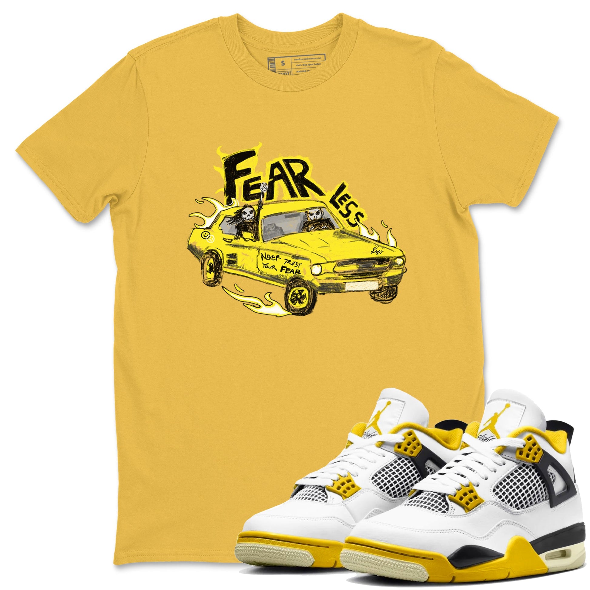AJ4 Vivid Sulfur shirt to match jordans Fearless Car sneaker tees Air Jordan 4 Vivid Sulfur SNRT Sneaker Release Tees unisex cotton Daisy 1 crew neck shirt