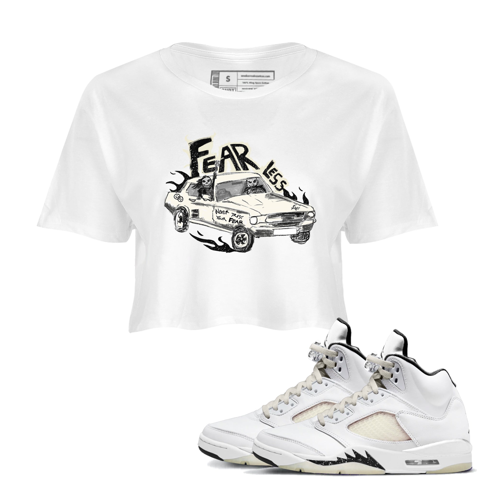 5s Sail shirt to match jordans Fearless Car sneaker tees Air Jordan 5 Sail SNRT Sneaker Release Tees White 1 crop length shirt