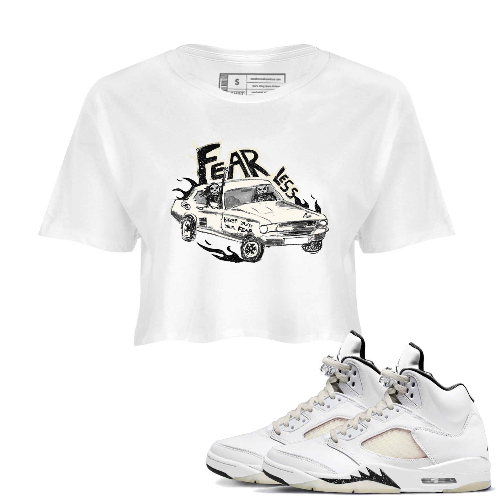 5s Sail shirt to match jordans Fearless Car sneaker tees Air Jordan 5 Sail SNRT Sneaker Release Tees White 1 crop length shirt