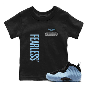 Fearless Definition baby and kids t-shirt crafted for little sneakerheads to shine with the Air Foamposite One Psychic Blue sneakers, displayed in Black 1.