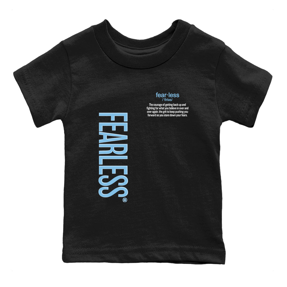 Fearless Definition baby and kids t-shirt crafted for little sneakerheads to shine with the Air Foamposite One Psychic Blue sneakers, displayed in Black 2.