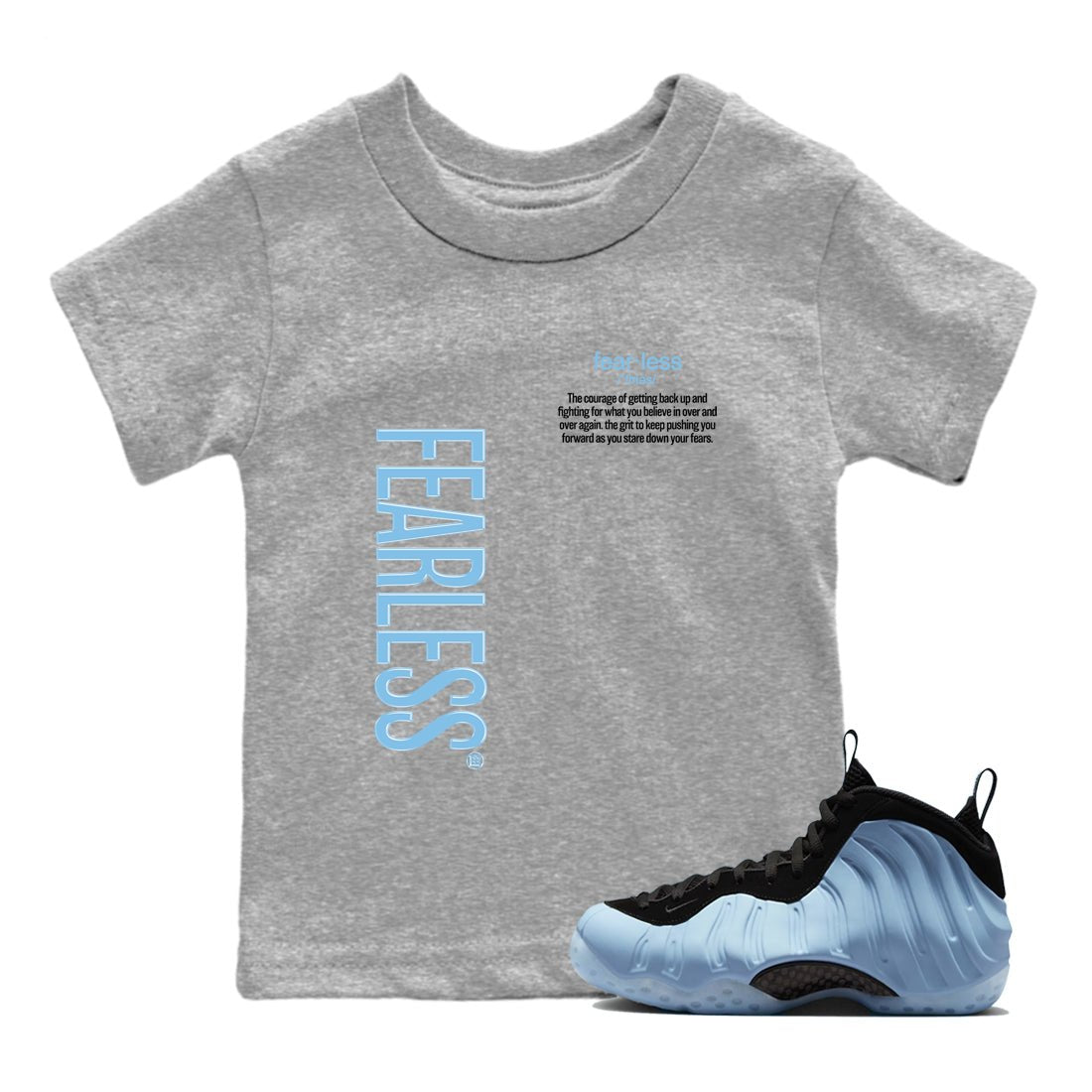 Fearless Definition baby and kids t-shirt crafted for little sneakerheads to shine with the Air Foamposite One Psychic Blue sneakers, displayed in Heather Grey 1.