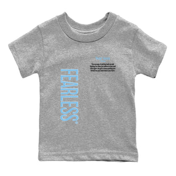 Fearless Definition baby and kids t-shirt crafted for little sneakerheads to shine with the Air Foamposite One Psychic Blue sneakers, displayed in Heather Grey 2.