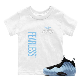 Fearless Definition baby and kids t-shirt crafted for little sneakerheads to shine with the Air Foamposite One Psychic Blue sneakers, displayed in White 1.