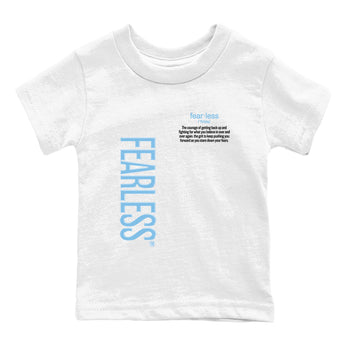 Fearless Definition baby and kids t-shirt crafted for little sneakerheads to shine with the Air Foamposite One Psychic Blue sneakers, displayed in White 2.