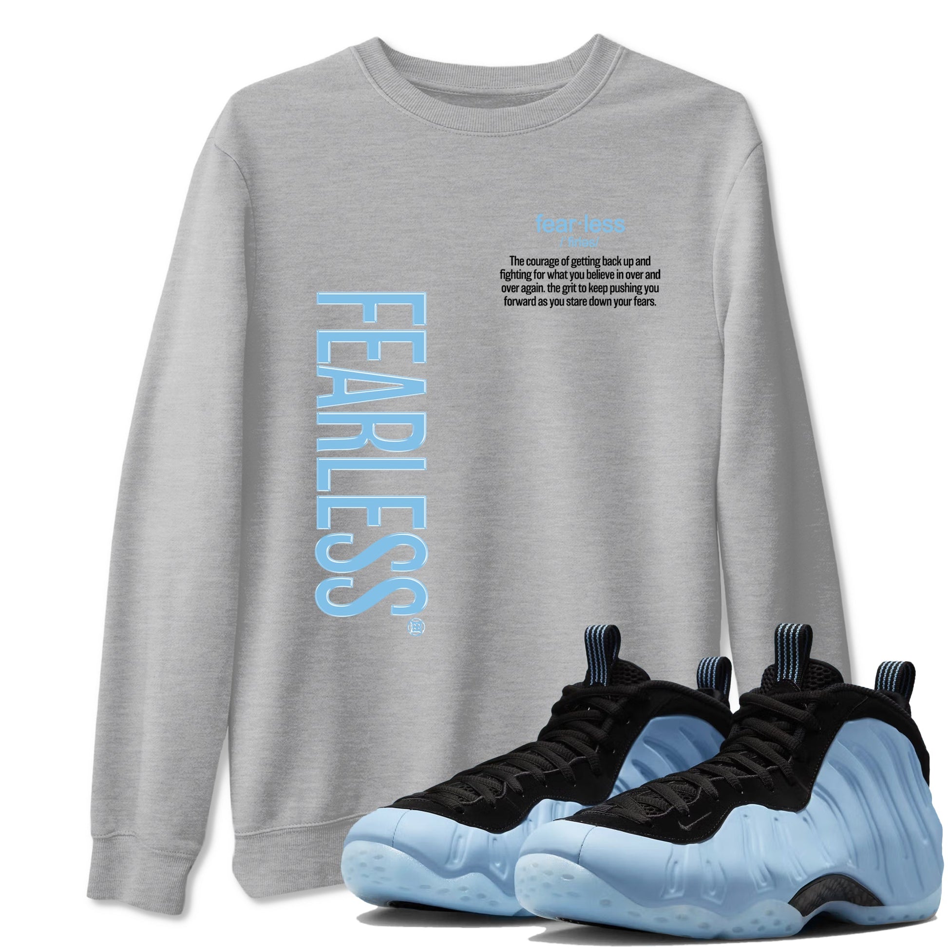 Fearless Definition sneaker match t-shirt styled to complete your fit with the Air Foamposite One Psychic Blue sneakers, shown in Heather Grey 1.