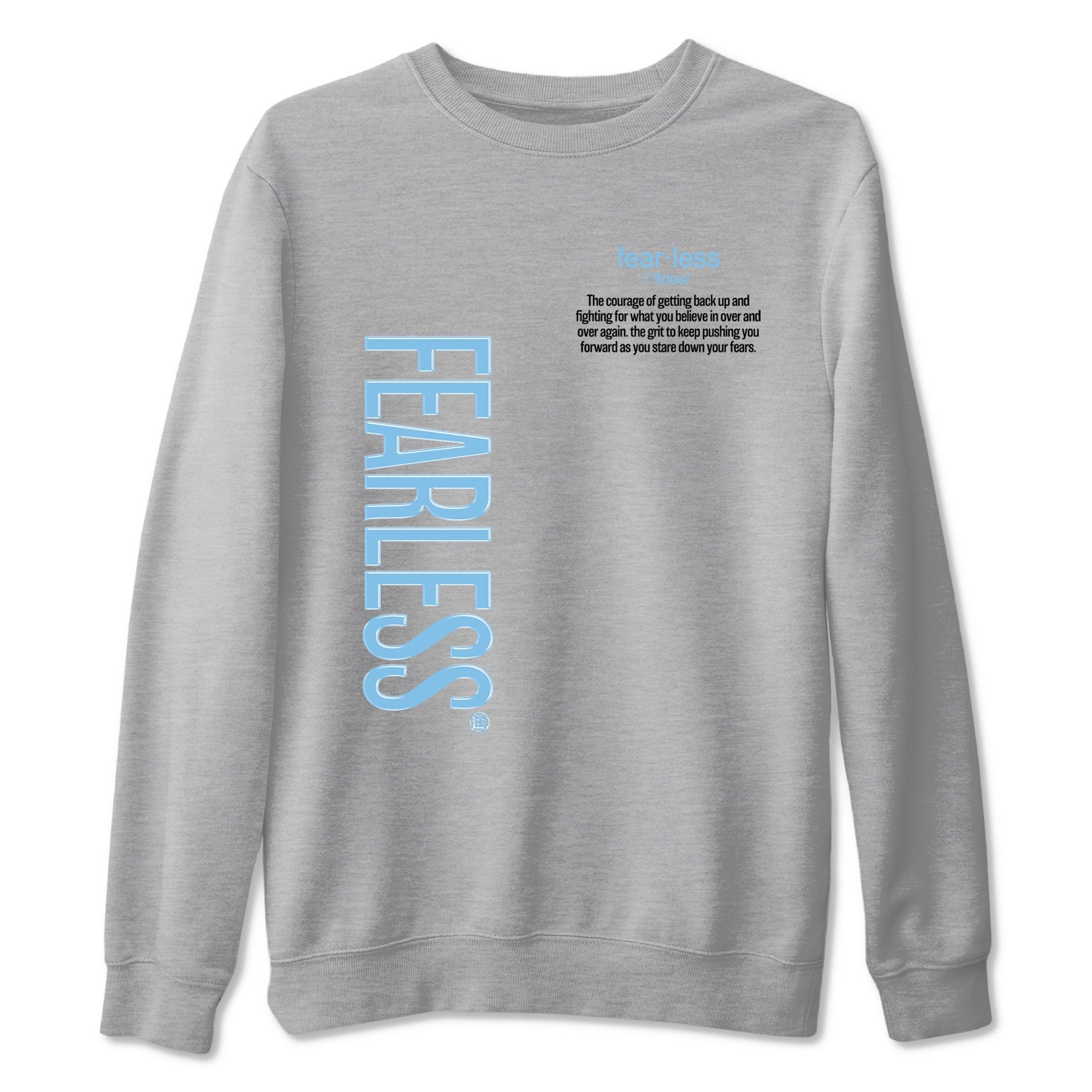 Fearless Definition sneaker match t-shirt styled to complete your fit with the Air Foamposite One Psychic Blue sneakers, shown in Heather Grey 2.