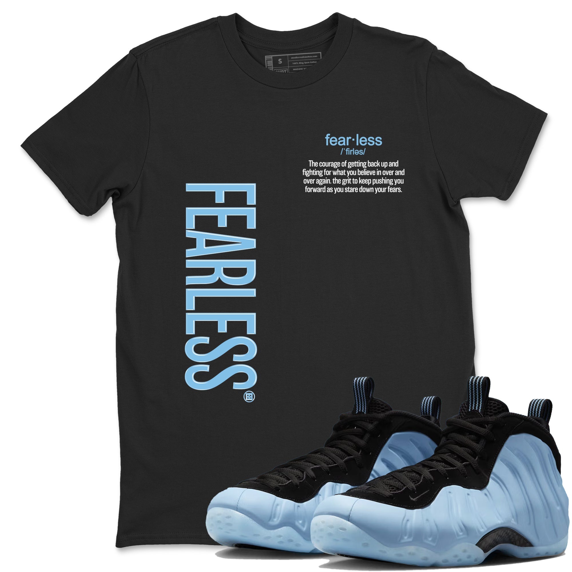 Fearless Definition sneaker match t-shirt styled to complete your fit with the Air Foamposite One Psychic Blue sneakers, shown in Black 1.