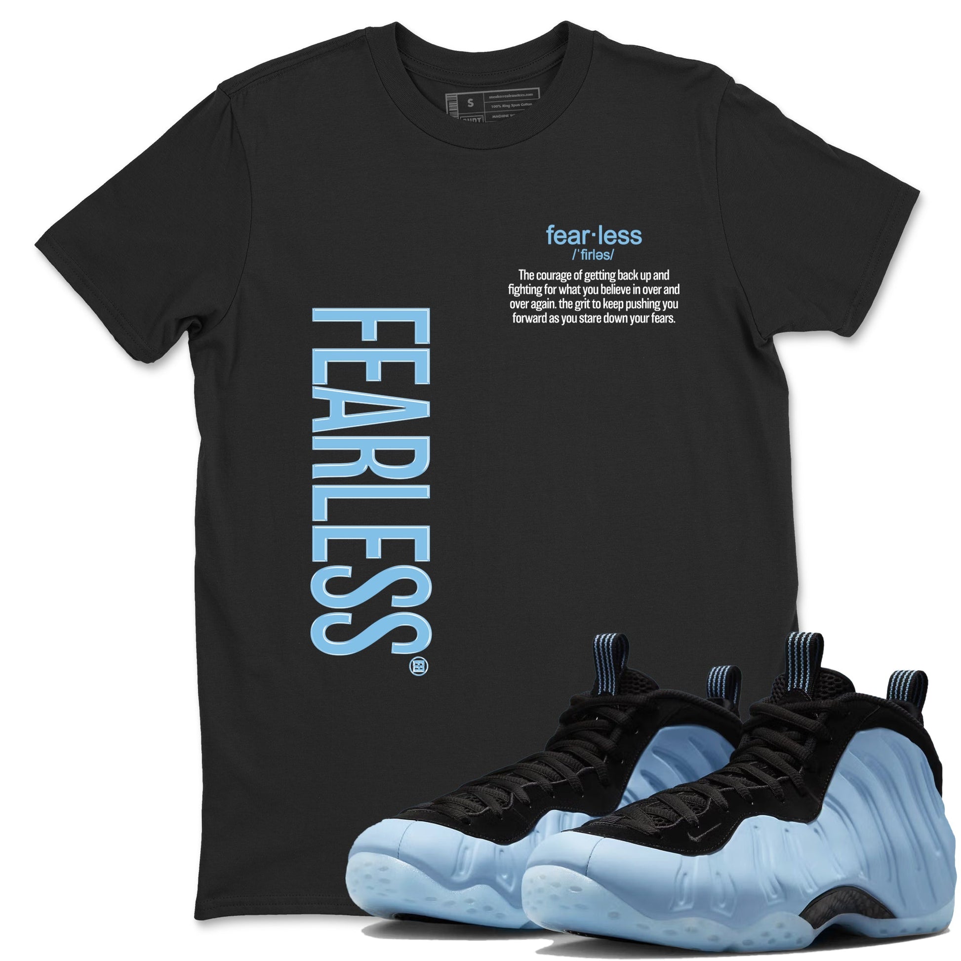 Fearless Definition sneaker match t-shirt styled to complete your fit with the Air Foamposite One Psychic Blue sneakers, shown in Black 1.