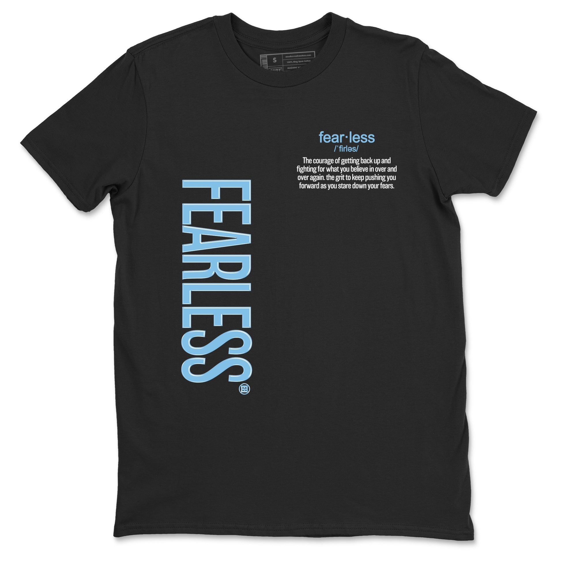 Fearless Definition sneaker match t-shirt styled to complete your fit with the Air Foamposite One Psychic Blue sneakers, shown in Black 2.