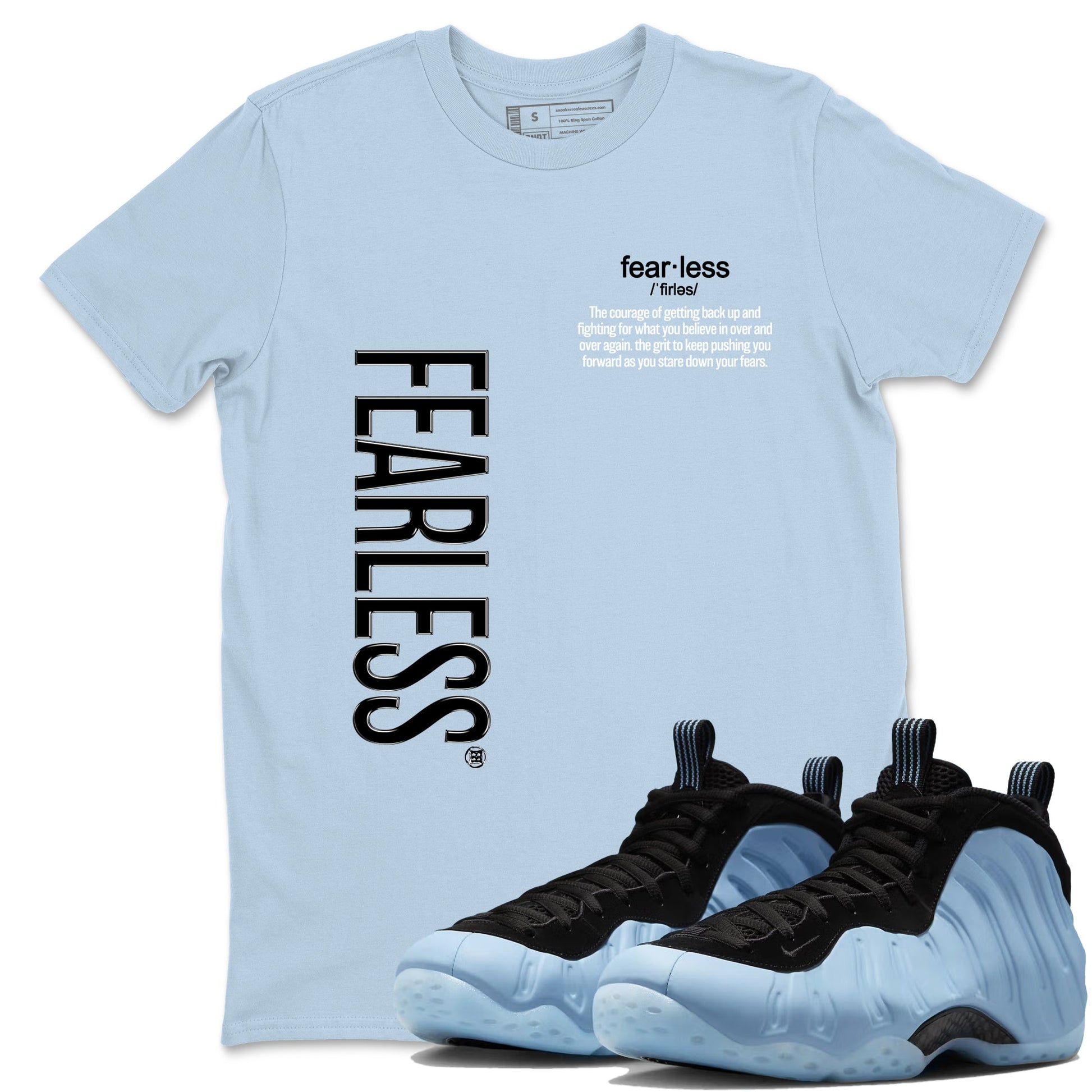 Fearless Definition sneaker match t-shirt styled to complete your fit with the Air Foamposite One Psychic Blue sneakers, shown in Light Blue 1.