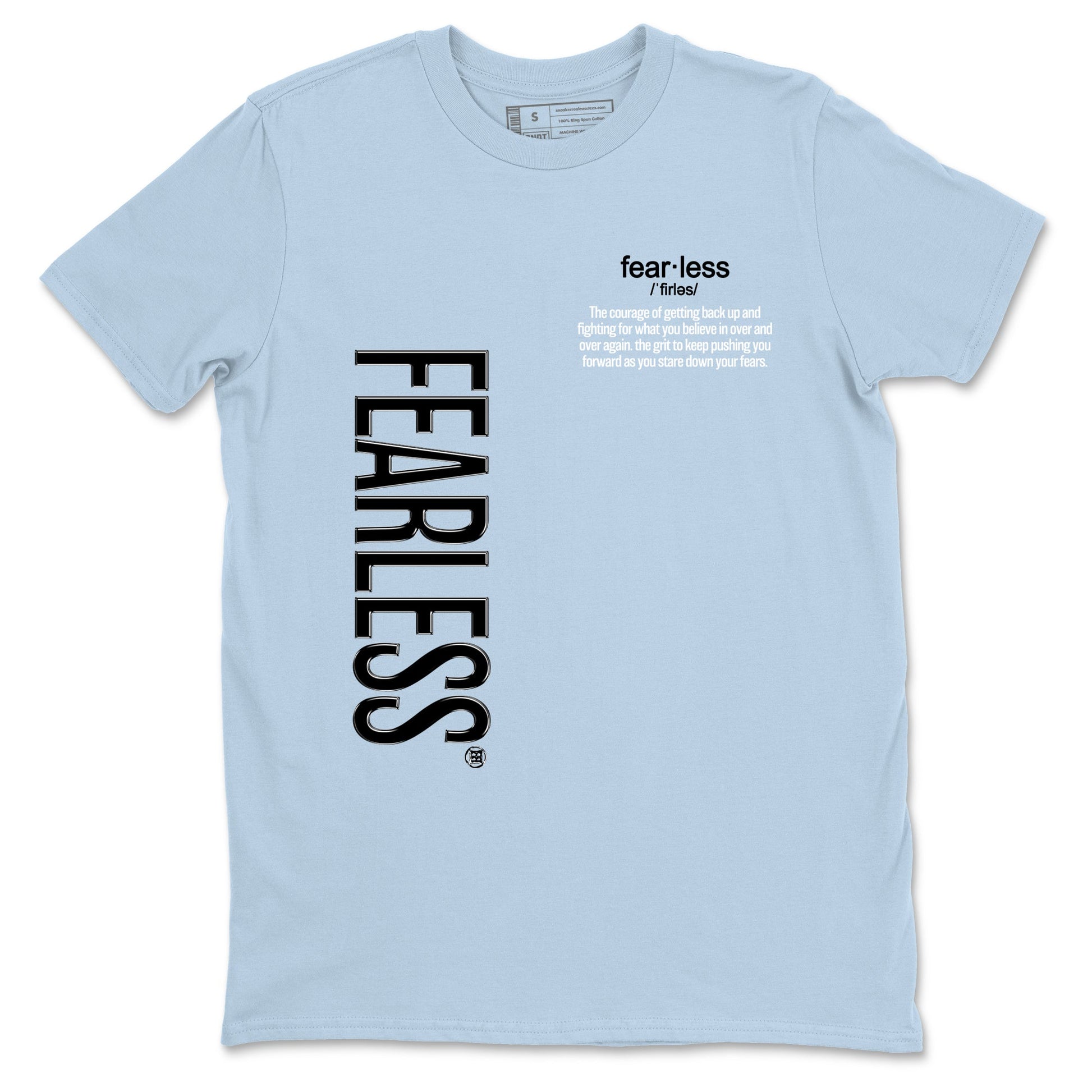 Fearless Definition sneaker match t-shirt styled to complete your fit with the Air Foamposite One Psychic Blue sneakers, shown in Light Blue 2.