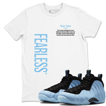 Fearless Definition sneaker match t-shirt styled to complete your fit with the Air Foamposite One Psychic Blue sneakers, shown in White 1.