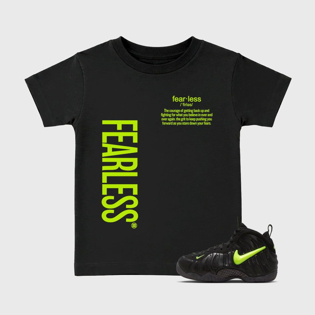 Sneaker match tees – Sneaker Tees To Match Air Foamposite Pro Black Shoes – Fearless Definition Kids T-Shirt Black 1