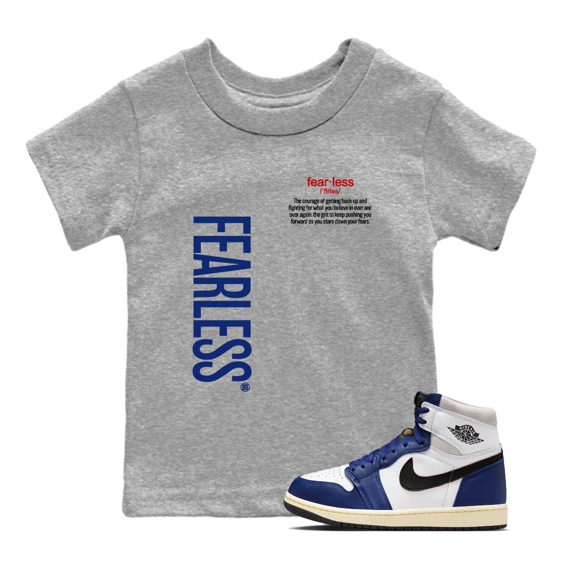 1s Rare Air shirts to match jordans Fearless Definition sneaker match tees Air Jordan 1 High OG Rare Air Deep Royal Blue match shoes to clothes SNRT Sneaker Tees Youth Baby Heather Grey 1 tee