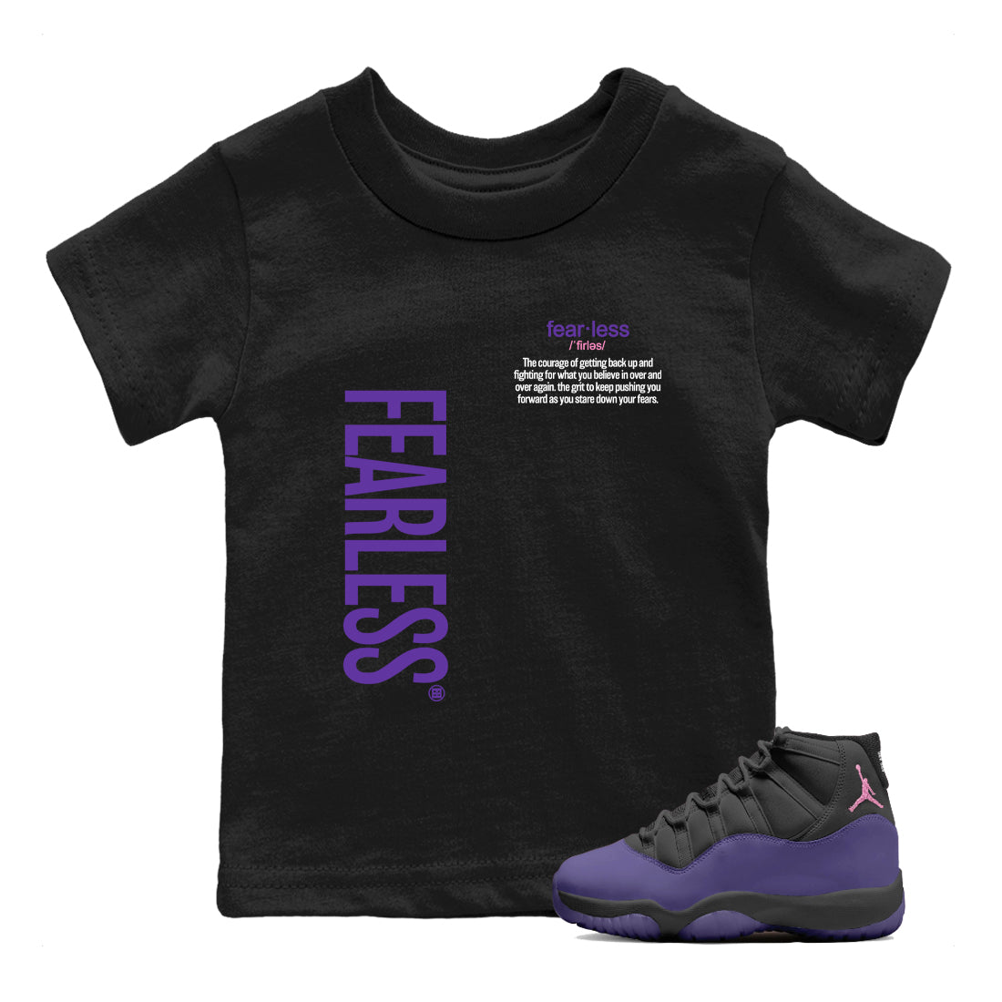 Sneaker match tees – Sneaker Tees To Match Air Jordan 11 Canyon Purple Shoes – Fearless Definition Kids T-Shirt Black 1