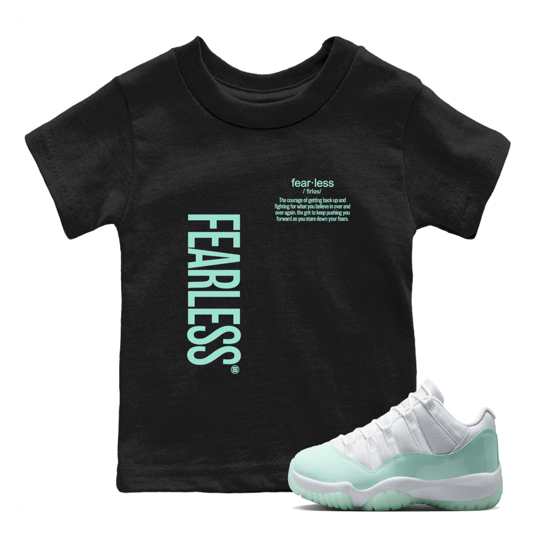 Fearless Definition baby and kids t-shirt crafted for little sneakerheads to shine with the Air Jordan 11 Igloo sneakers, displayed in Black 1.