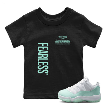 Fearless Definition baby and kids t-shirt crafted for little sneakerheads to shine with the Air Jordan 11 Igloo sneakers, displayed in Black 1.