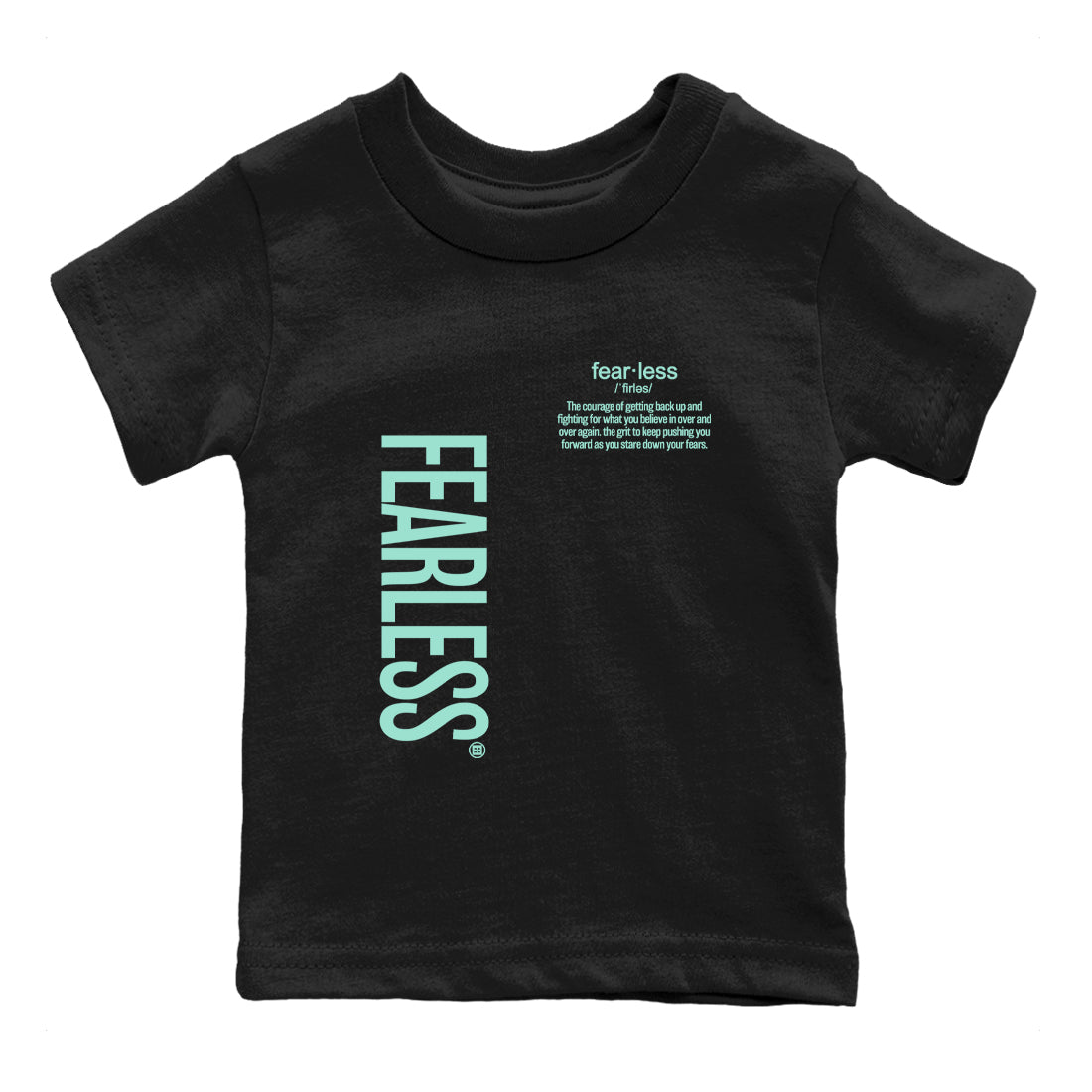 Fearless Definition baby and kids t-shirt crafted for little sneakerheads to shine with the Air Jordan 11 Igloo sneakers, displayed in Black 2.