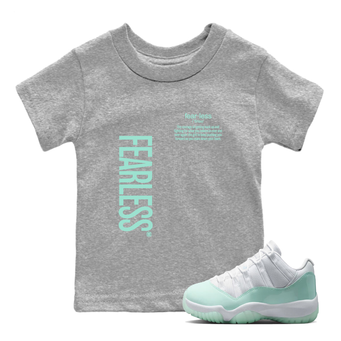 Fearless Definition baby and kids t-shirt crafted for little sneakerheads to shine with the Air Jordan 11 Igloo sneakers, displayed in Heather Grey 1.