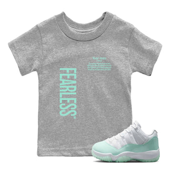 Fearless Definition baby and kids t-shirt crafted for little sneakerheads to shine with the Air Jordan 11 Igloo sneakers, displayed in Heather Grey 1.