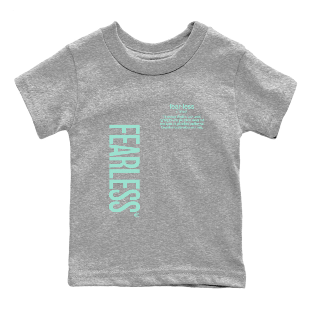 Fearless Definition baby and kids t-shirt crafted for little sneakerheads to shine with the Air Jordan 11 Igloo sneakers, displayed in Heather Grey 2.