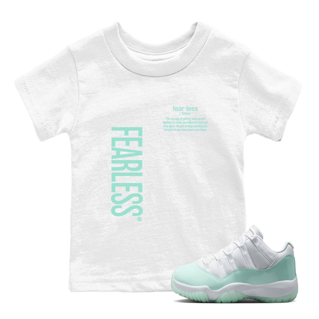 Fearless Definition baby and kids t-shirt crafted for little sneakerheads to shine with the Air Jordan 11 Igloo sneakers, displayed in White 1.
