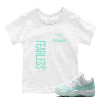 Fearless Definition baby and kids t-shirt crafted for little sneakerheads to shine with the Air Jordan 11 Igloo sneakers, displayed in White 1.